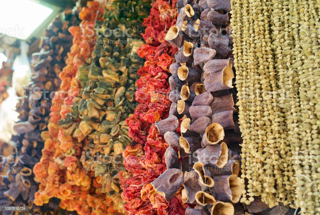 Dried Eggplants, Peppers, Tomatoes and Other Dried Vegetables Hanging on a String at the Egyptian Bazaar or Spice Bazaar in Istanbul, Turkey